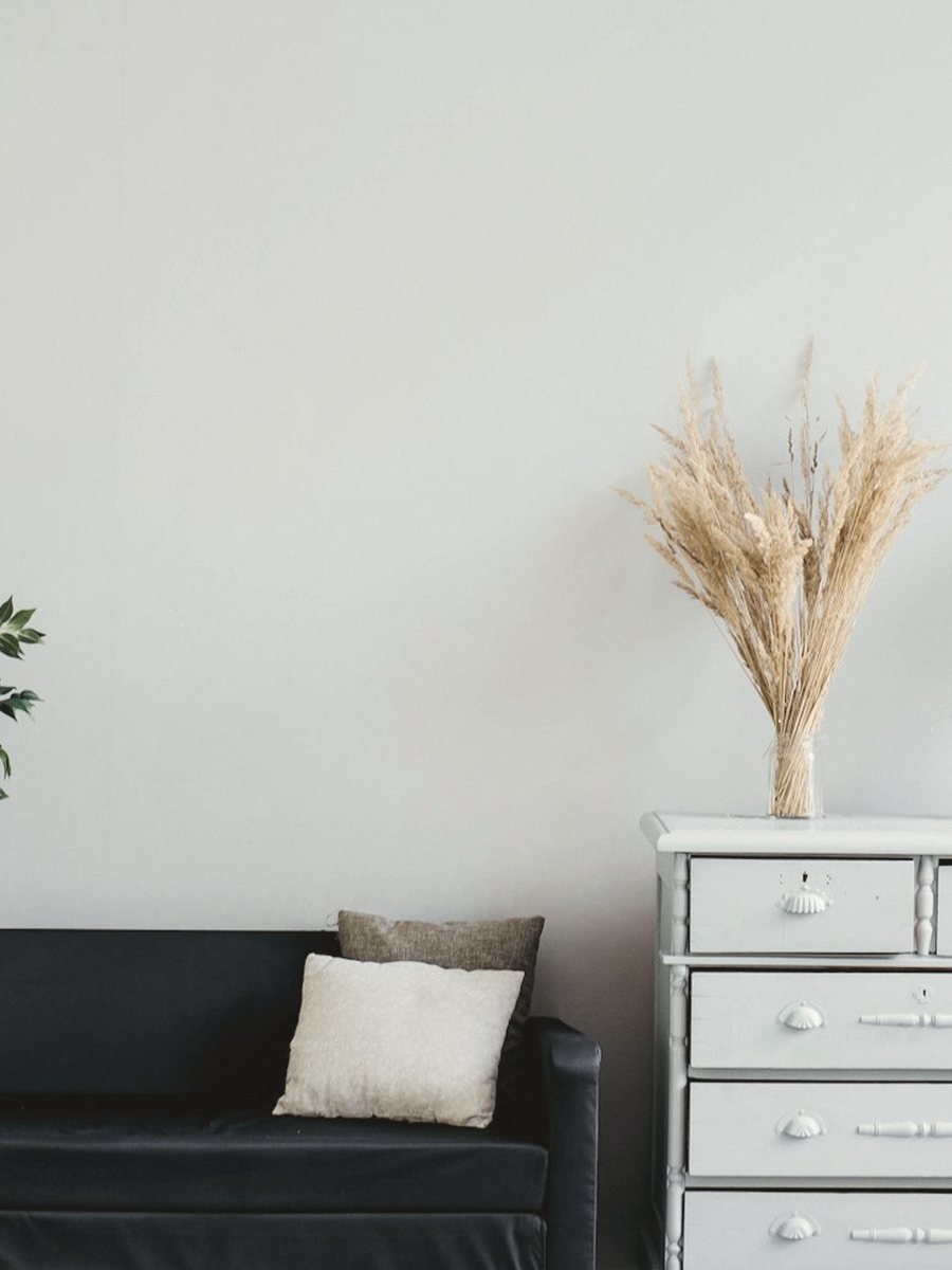Living room with a deep sofa, pampas grass and an oak sideboard
